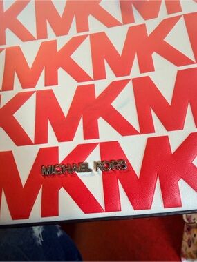 Michael Kors White & Coral Logo Tote with Silver Plaque